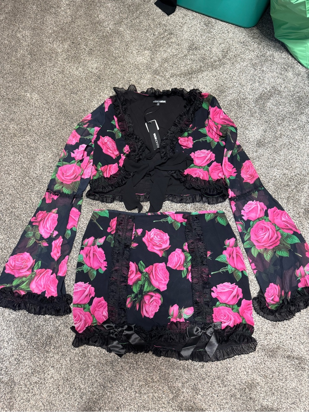 Fashion Nova Black Two-Piece Crop Top & Mini Skirt with Pink Rose Print